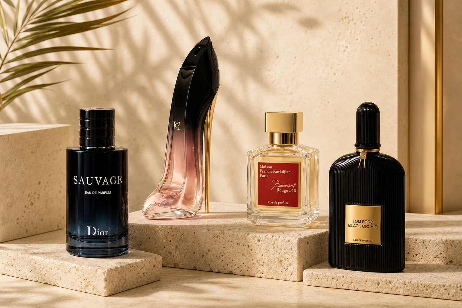 Dior Sauvage, Carolina Herrera Good Girl Blush, Baccarat Rouge 540 and Tom Ford Black Orchid fragrances
