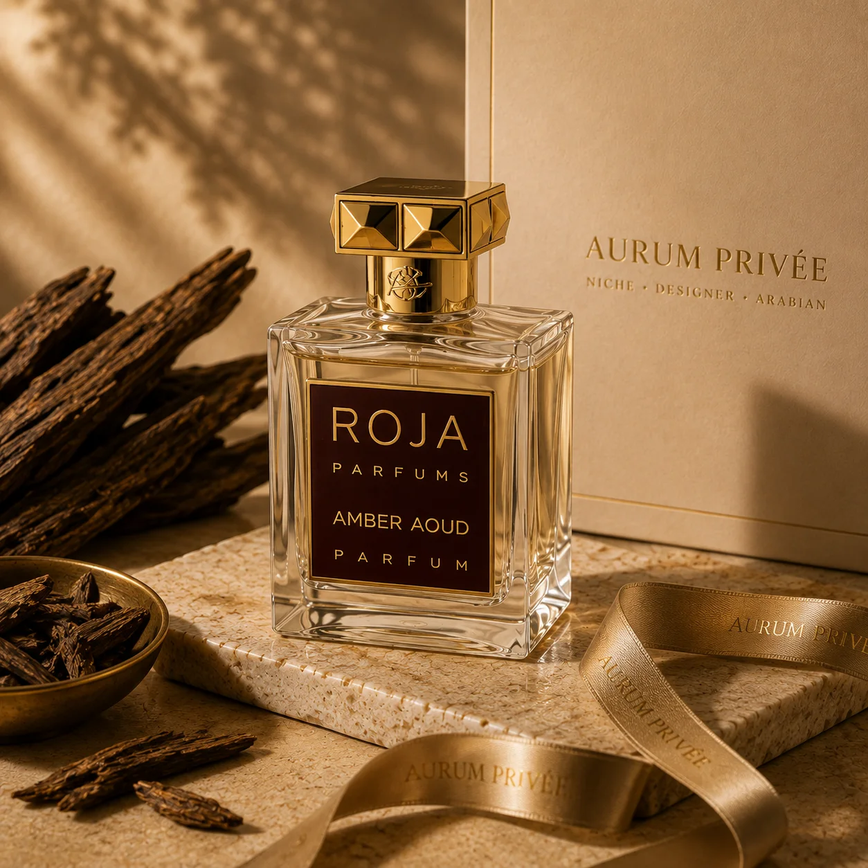 Amber fragrance presented with oud wood and Aurum Privée ribbon