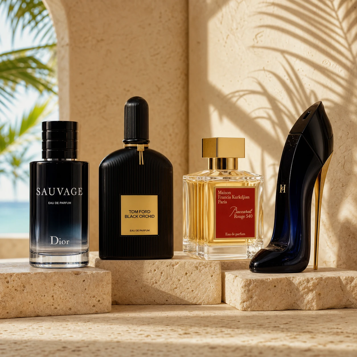 Dior Sauvage, Tom Ford Black Orchid, Baccarat Rouge 540 and Carolina Herrera Good Girl arranged on sunlit travertine