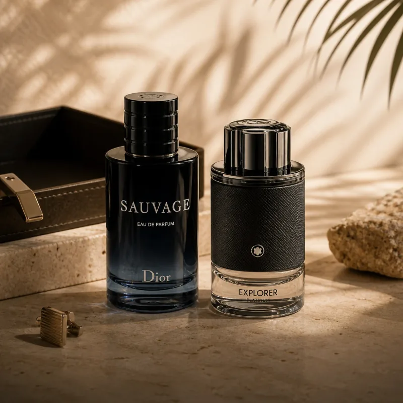 Dior Sauvage and Montblanc Explorer Platinum fragrances