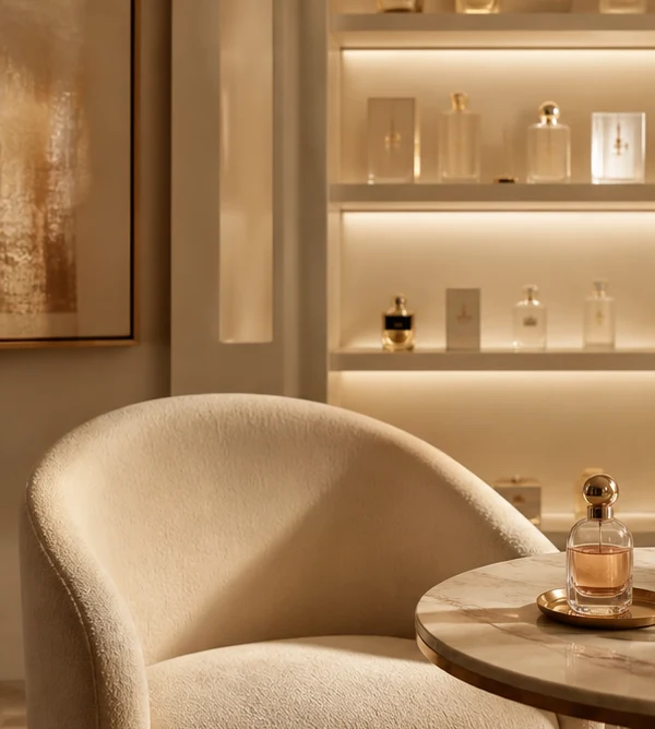 A fragrance consultation setting with seating and display shelves